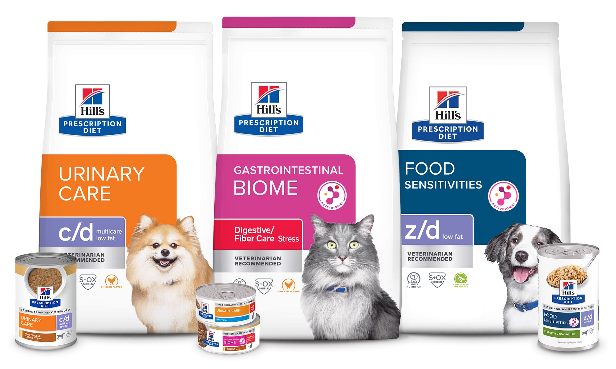 a group of food bags with a picture of a dog and a cat 