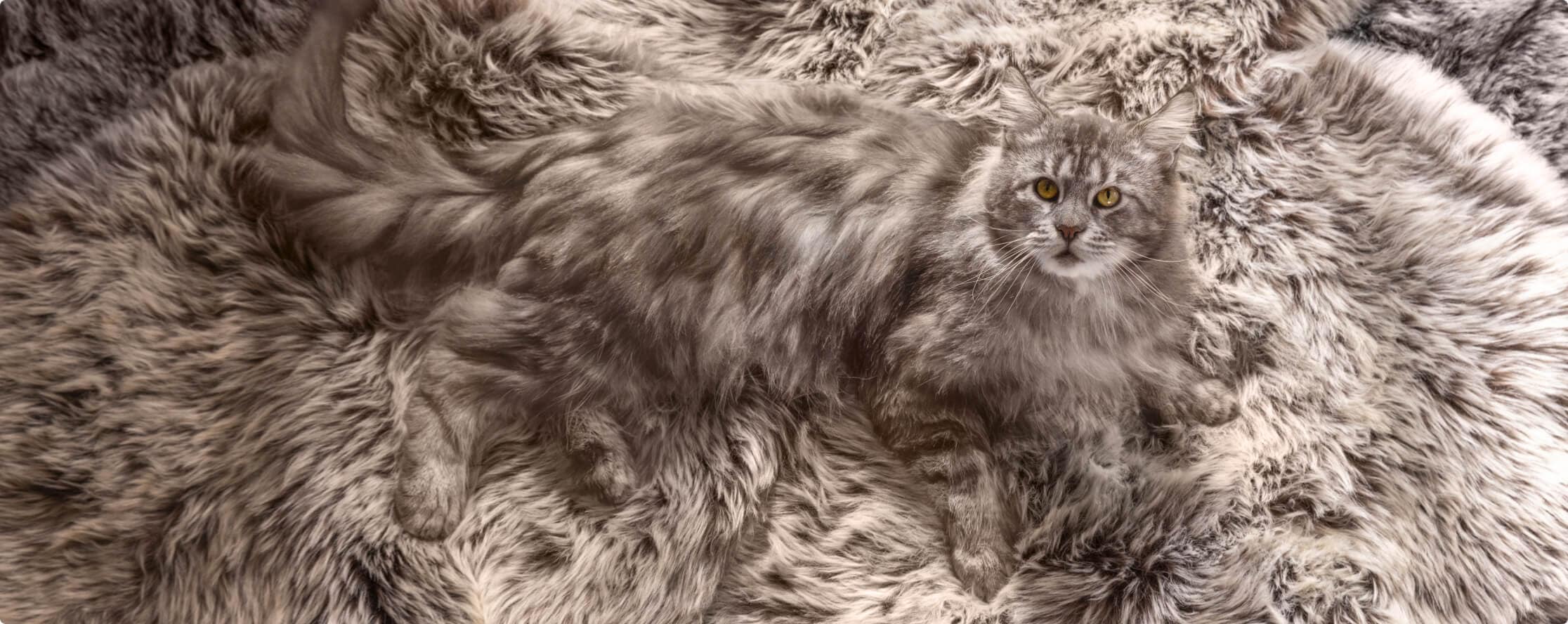 A grey cat sites on a matching grey color carpet