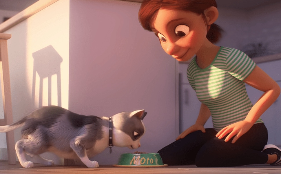 A woman in a striped green shirt feeding her cat