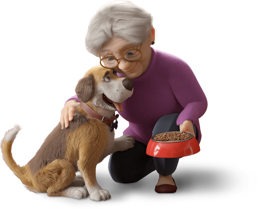 Elderly woman feeding her dog