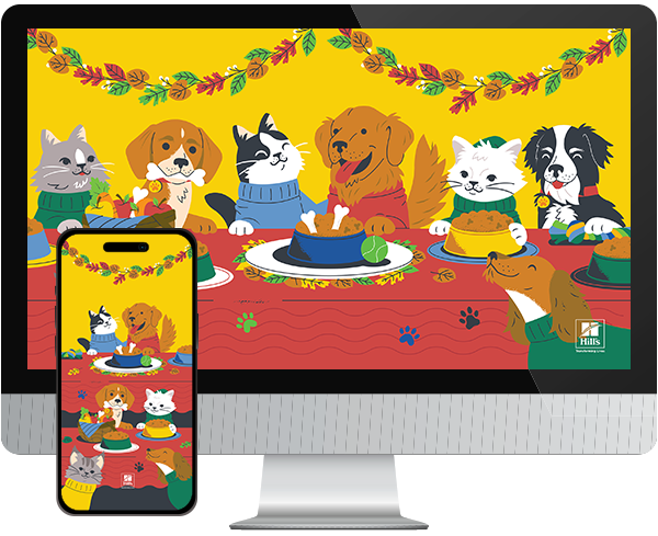 Desktop & mobile example of "Fall Feast" pet wallpaper for phones