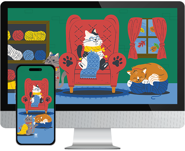 Desktop & mobile example of "Knittin' Kittens" pet wallpaper for phones