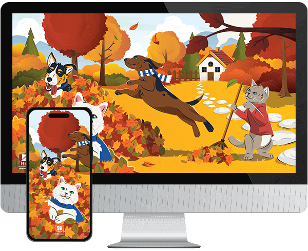 Desktop & mobile example of "Leaf Pile, Meet Dogpile" pet wallpaper for phones