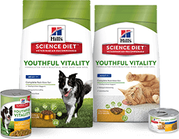 hill's science diet youthful vitality wet and dry dog and cat food packaging