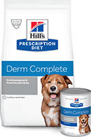 hill's prescription diet derm complete wet and dry dog food packaging
