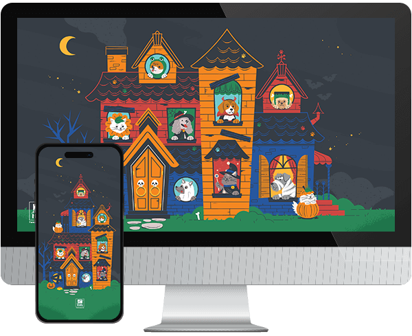 Desktop & mobile example of "Paw-loween" pet wallpaper for phones