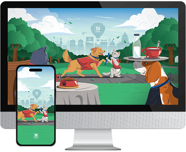 Desktop & mobile example of "Play Like Cats and Dogs" pet wallpaper for phones