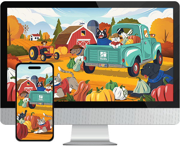 Desktop & mobile example of "Pumpkin Patch Playdate" pet wallpaper for phones