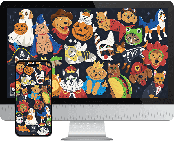 Desktop & mobile example of "Trick for Treats" pet wallpaper for phones